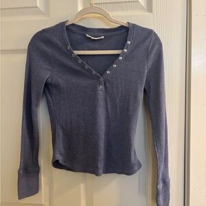 Pink Rose Slate Blue Ribbed V-Neck Long Sleeve Top